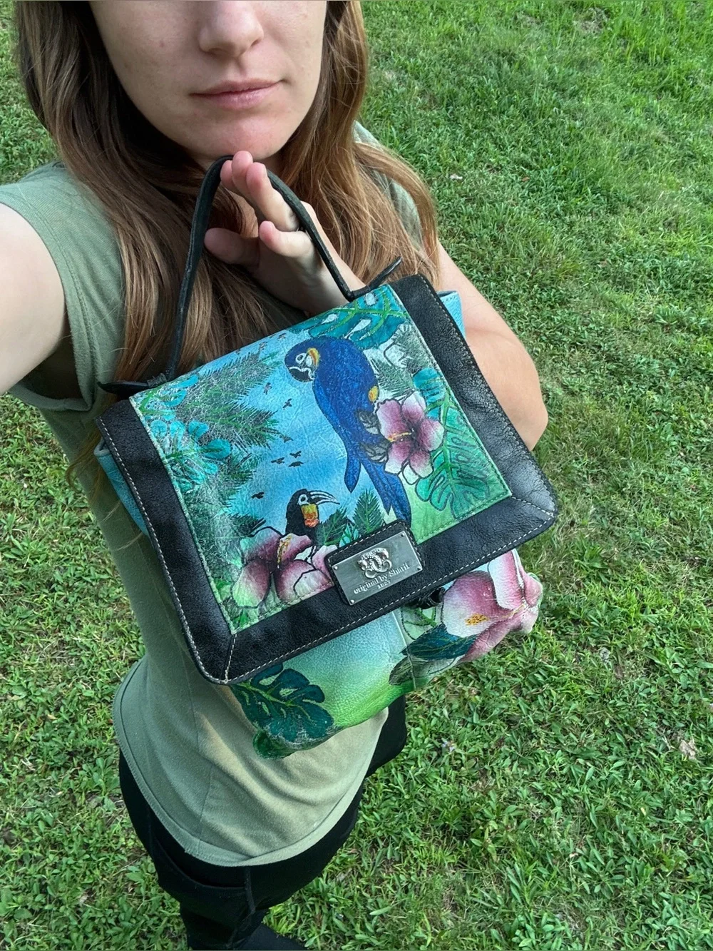 Vintage Original by Sharif 1827 Hand Painted Leather Parrot Tropical Satchel